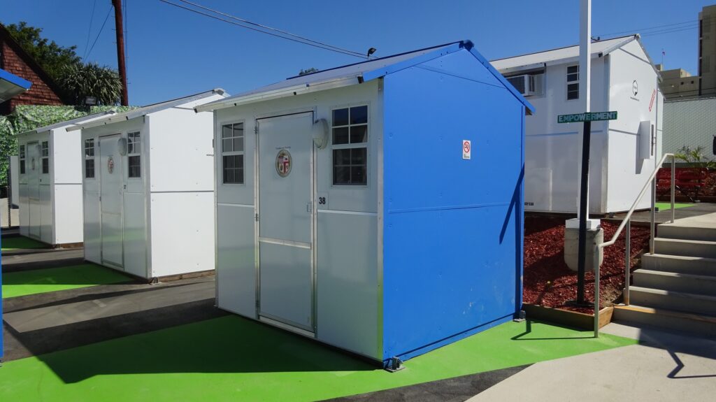 Four Pallet shelters at Westlake Village in Los Angeles, California