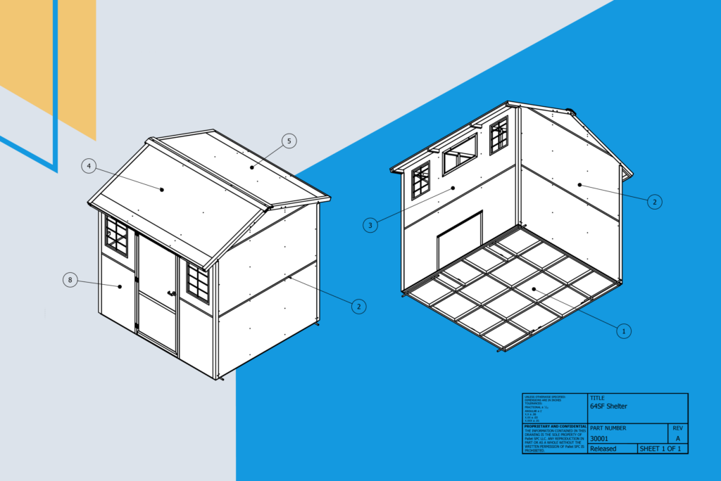 Two CAD drawings of Pallet's 64 square foot shelters on a blue and grey background