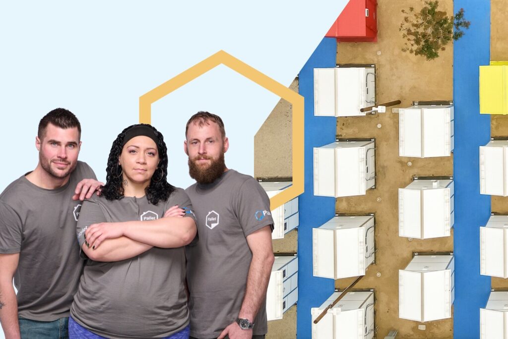 Photo of three Pallet employees on the left. Overhead view of Alexandria Park Village in Los Angeles, CA on the right.