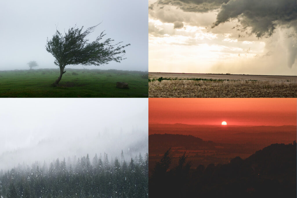 Grid of four photos showing wind, heat and snowy conditions.