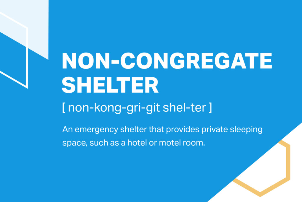Non-congregate shelter - An emergency shelter that provides private sleeping space, such as a hotel or motel room. Shown on a blue background
